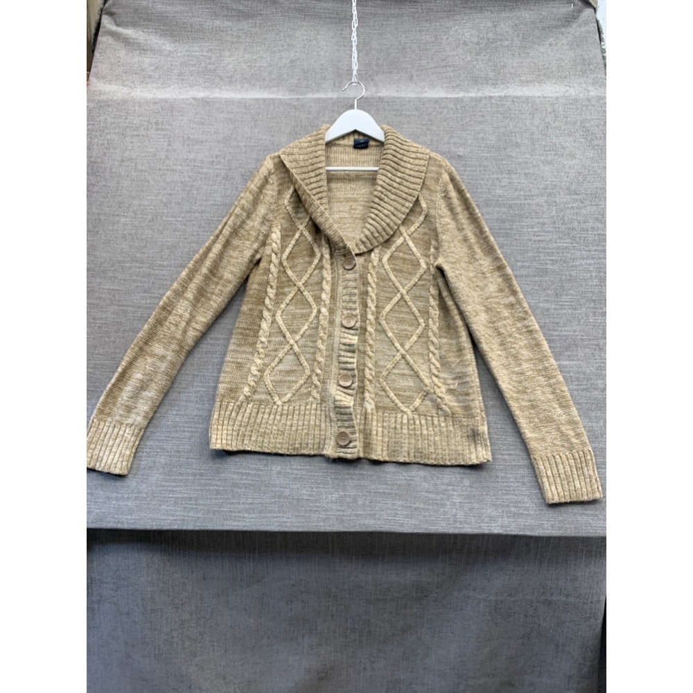 Faded Glory Cardigan Sweater Womens Large Tan Textured‎ Cable Knit Shawl Collar
